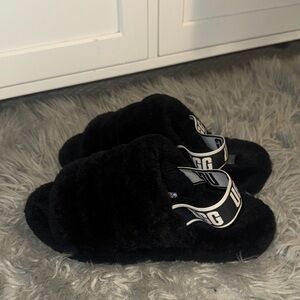 UGG Black Fluffy Slides with Logo Strap
